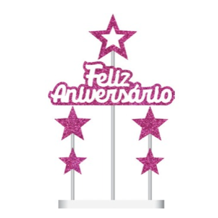 TOPO DE BOLO GRINTOY FELIZ ANIVERSARIO ROSA GLITTER