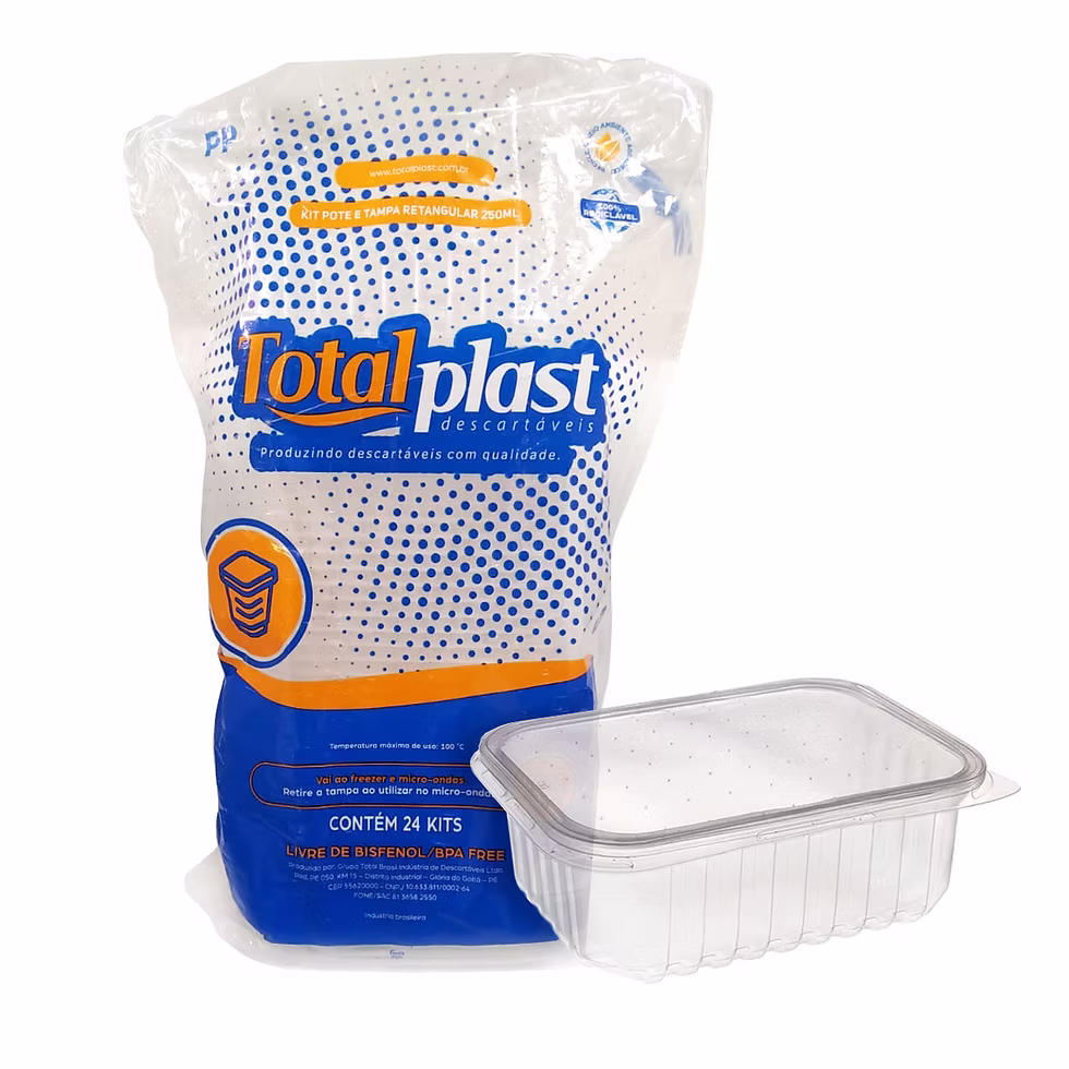 POTE DESCARTAVEL TOTALPLAST 250 ML RETANGULAR C/ TAMPA CRISTAL 24 UN