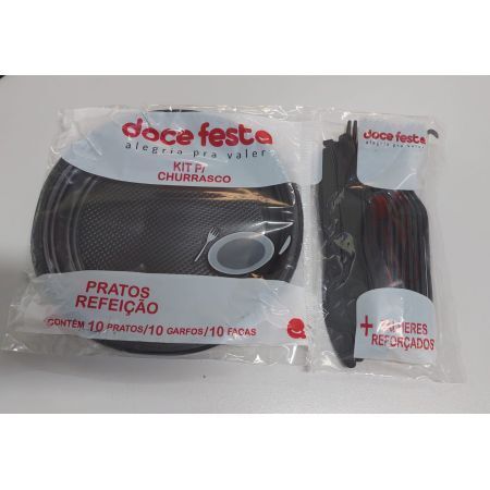 PRATO DESCARTAVEL DOCE E FESTA KIT CHURRASCO PRETO C/GARFO/FACA C/10 UN