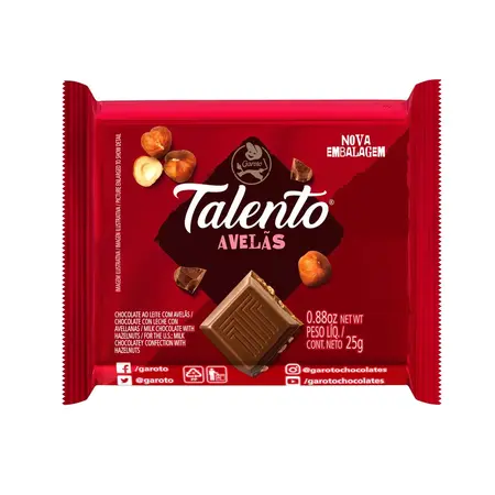 CHOCOLATE BARRINHA GAROTO TALENTO AO LEITE AVELA 25 GR