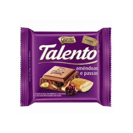CHOCOLATE BARRINHA GAROTO TALENTO AO LEITE AM E PASSAS 25 GR