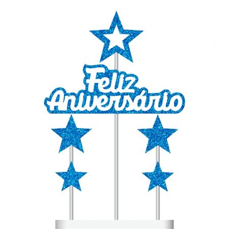 TOPO DE BOLO GRINTOY FELIZ ANIVERSARIO AZUL GLITTER