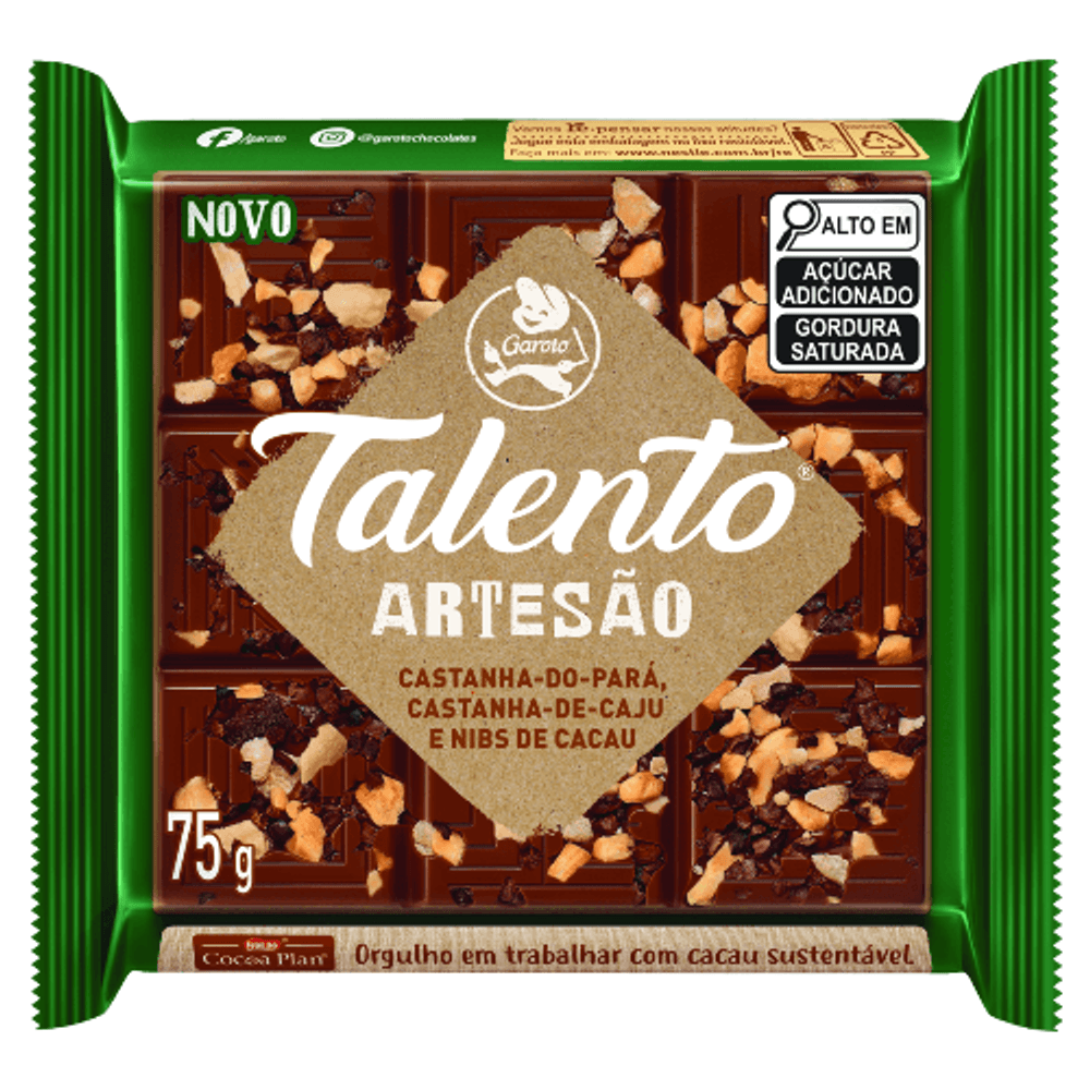 CHOCOLATE BARRINHA GAROTO TALENTO ARTESAO CAST CAJU/CAST PARA/NIBS CACAU 75 GR
