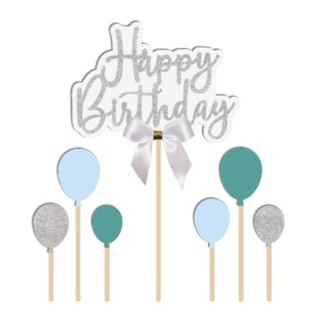 TOPO DE BOLO GRINTOY HAPPY BIRTHDAY BALAO PRATA