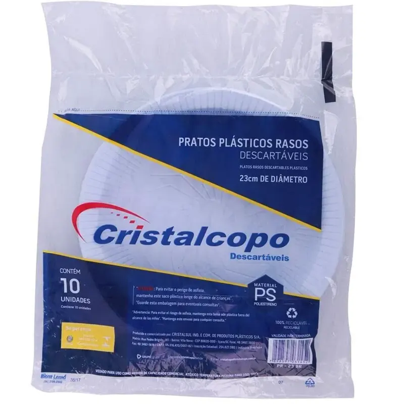 PRATO DESCARTAVEL CRISTALCOPO 23 CM FUNDO BRANCO C/ 10 UN