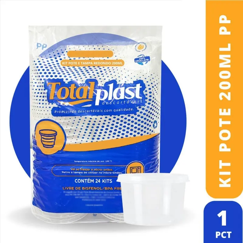 POTE DESCARTAVEL TOTALPLAST 200 ML REDONDO C/ TAMPA CRISTAL 24 UN