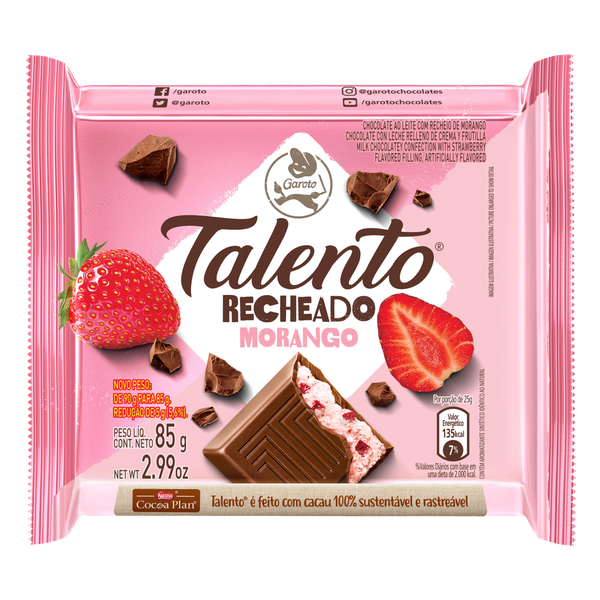 CHOCOLATE BARRINHA GAROTO TALENTO BRANCO RECH MORANGO 85 GR