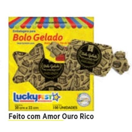 EMBALAGEM P/ BOLO LAM 20X22 LUCKY FEST FEITO COM AMOR OURO RICO C/100 UN