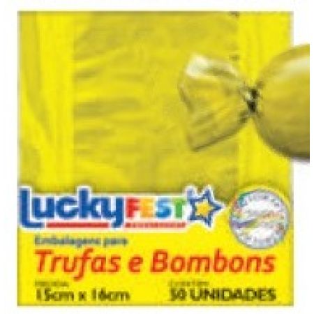 EMBALAGEM P/ TRUFFAS 15X16 LUCKY FEST LISO OURO BRILHANTE C/50 UN