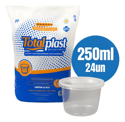 POTE DESCARTAVEL TOTALPLAST 250 ML REDONDO C/ TAMPA CRISTAL 24 UN