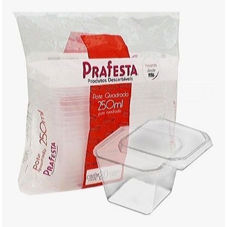 POTE DESCARTAVEL PRAFESTA 250 ML QUADRADO C/20 UN C/ TAMPA