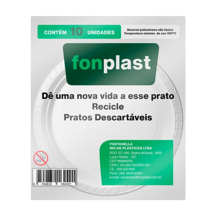 PRATO DESCARTAVEL FONPLAST 21 CM RASO BRANCO C/10 UN