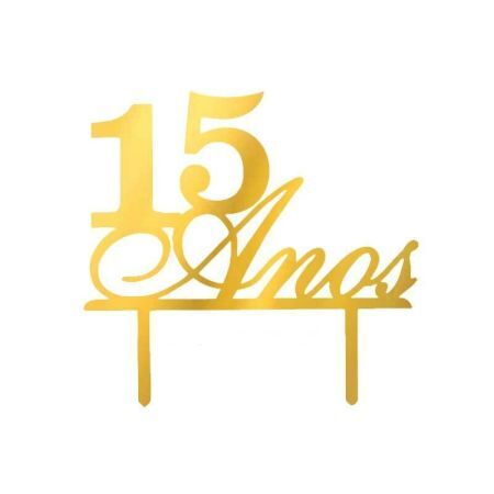 TOPO DE BOLO GRINTOY ACRILICO 15 ANOS DOURADO
