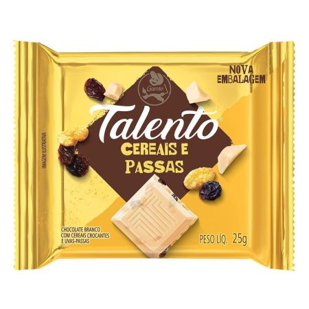 CHOCOLATE BARRINHA GAROTO TALENTO BRANCO CER E PASSAS 25 GR