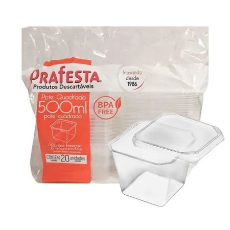 POTE DESCARTAVEL PRAFESTA 500 ML QUADRADO C/20 UN C/ TAMPA