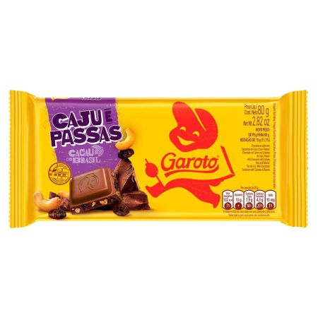 CHOCOLATE BARRINHA GAROTO AO LEITE CAJU E PASSAS 80 GR