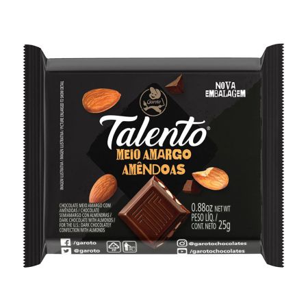 CHOCOLATE BARRINHA GAROTO TALENTO MEIO AMARGO/AMENDOA 25 GR